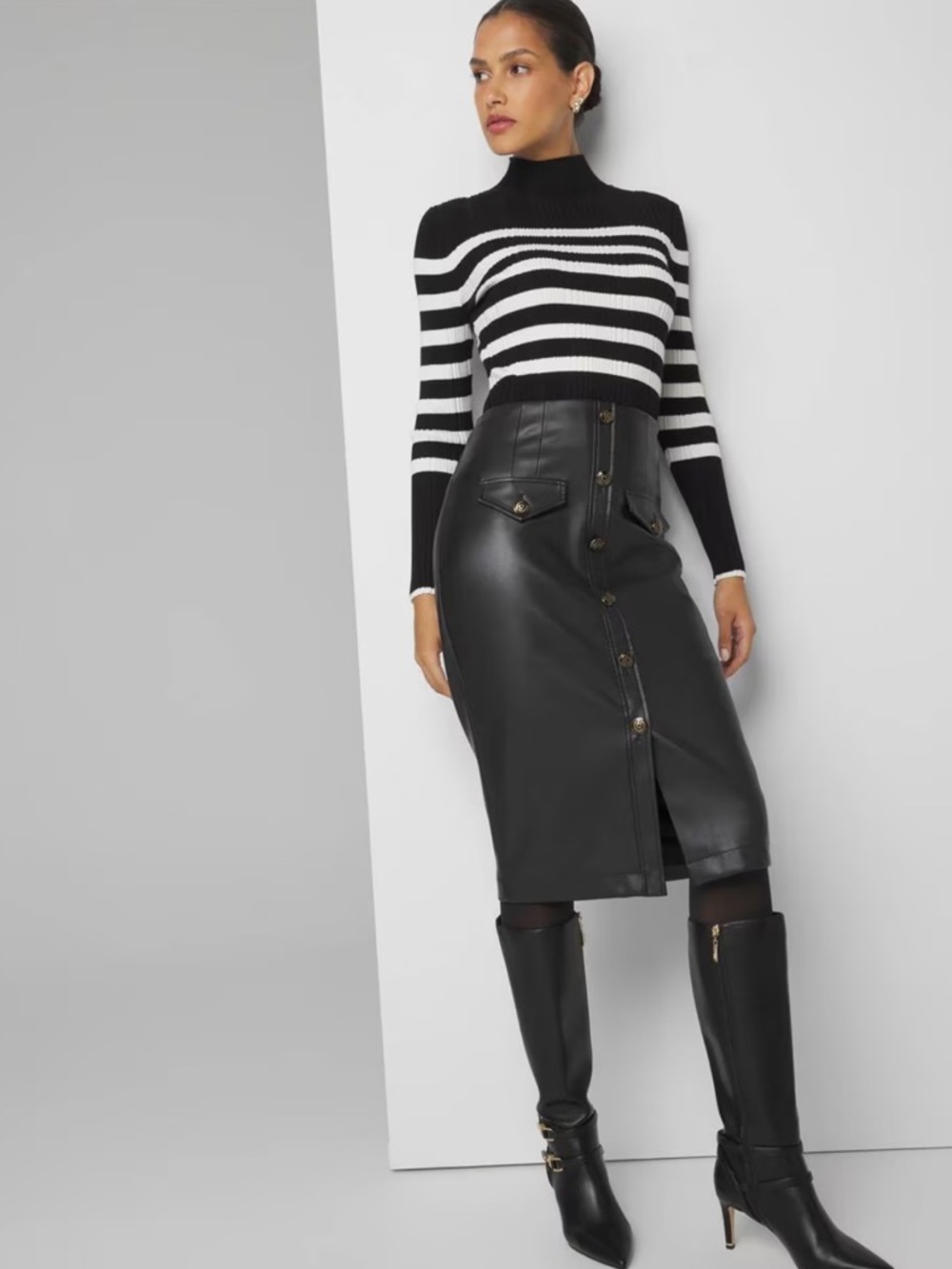 WHBM Classic Black Faux Leather Button-Front Pencil Skirt